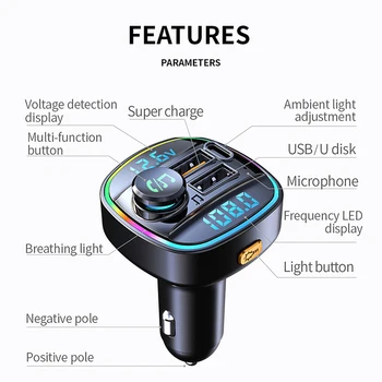 Автомобилен Bluetooth хендсфри-съвместим 5,0 FM-предавател Комплект за Кола MP3-Модулатор Плейър Аудиоприемник с бързо Зарядно устройство, USB капацитет от 22,5 W