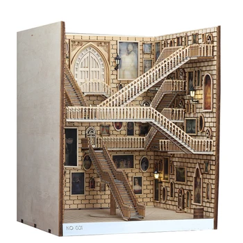 DIY Wooden Дракон Алея Стълбище Книжен Ъгъл Полк Поставяне Комплекти Миниатюрни Модела на Мебели, Строителни Поставка За Книги е Украса на Дома