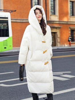 Бял дълъг пуховик над коляното, женски 2021, зимна нов стил, корейски, с роговыми катарами, сива, тънка гъст топло палто, WY423