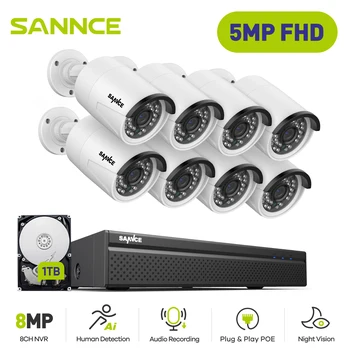 SANNCE H. 265 + 8CH 5MP POE Система за Видеонаблюдение Комплект 8 БР. 5MP HD IP Камера Водоустойчива Външна Система за Видеонаблюдение NVR Комплект