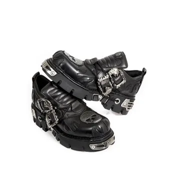 Мъжки и дамски обувки в стил ретро в стила Рок, Новост 2022 година, Кожени обувки в стил тъмно-пънк, метал нишевая обувки на платформа с ниско берцем