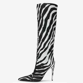 Дамски ботуши до коляното на висок ток с остър пръсти и мляко модел, зима 2022, Къса обувки и без закопчалка с принтом Зебра, Дамски Обувки за Жени