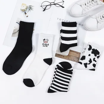Шарени чорапи със забавна принтом крави, бели мультяшные кальцетины, удобни чорапи harajuku skarpetki damskie, сладки чорапи с животни, kawai, честит чорап